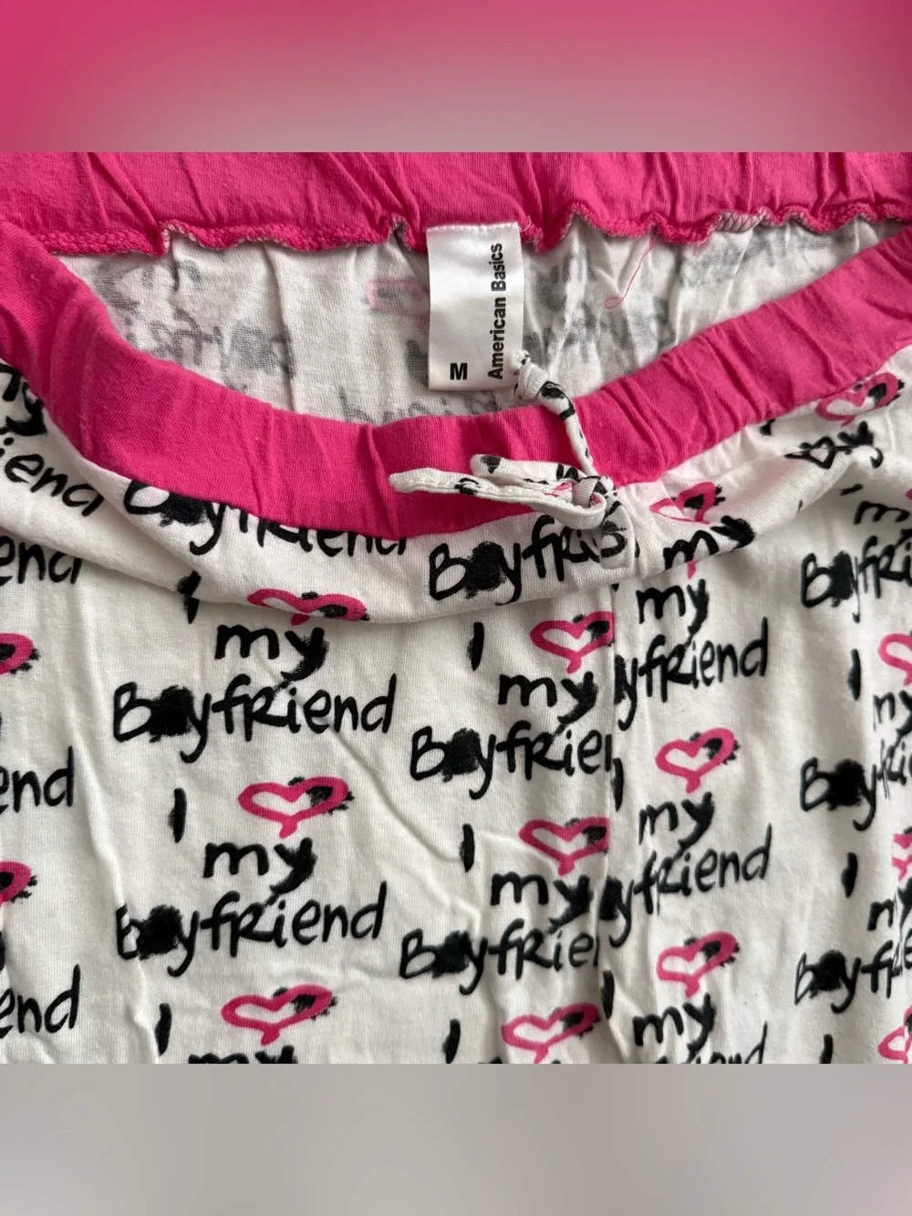 American Basics I Love My Boyfriend Pajama Lounge Pants Women’s M Pink White
